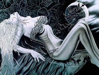 Moon Bathing, roses, moon, fantasy, bats, female HD wallpaper