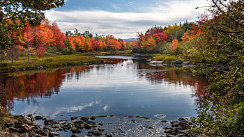 Acadia National Park, Maine, fall, clouds, trees, colors, sky, water, reflections, stones, leaves, autumn HD wallpaper