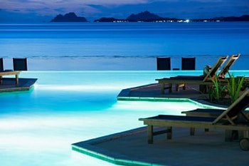 Moonlit Pool, night, swimming, island, loungers, tropical, exotic, paradise, dusk, twilight, moonlight, lights, pool, islands, evening, sunset, polynesia HD wallpaper