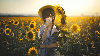 Anime Girl Among Sunflowers, anime-girl, anime, sunflowers, artist, artwork, digital-art, pixiv HD wallpaper