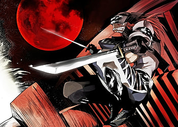 Fuuma Kotarou, sengoku basara, red hair, long hair, weapons, red moon, anime, moon, swords, cool, katana, warrior HD wallpaper