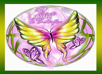 Peace, love and butterflies, oval, butterflies, words, green toned frame HD wallpaper