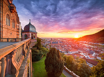 Castle of Heidelberg, river, city, clouds, germany, sky, rhine, ancient, sunset HD wallpaper