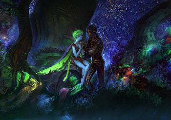 Fantasy couple, night, blue, fairy, fantasy, att, green, couple, anndr, luminos HD wallpaper
