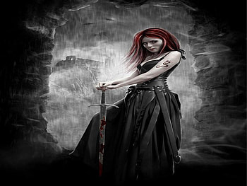 Beautiful warrior, black, sword, red, tatoo, dress, hair, woman, warrior HD wallpaper
