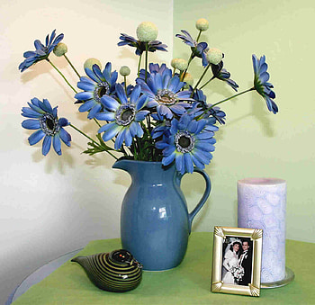Blue Boy, blue, table, trinkets, candle, vase, flowers HD wallpaper