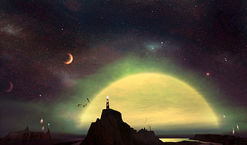 Abstract, Sky, Mountain, Shine, Light, Drawing, , Lighthouse HD wallpaper