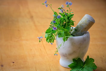 Marble mortar and pestle with fresh herbs and flowers on wooden table enhancing natural health and cooking aesthetics. HD wallpaper