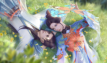 Fantasy couple, blue, jintao qin, man, girl, orange, vata, summer, fantasy, green, couple HD wallpaper