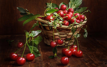 Cherries, basket, leaves, macro HD wallpaper