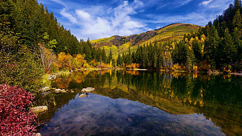Lizard Lake, Colorado, mountains, water, reflections, fall, landscape, colors, usa, autumn, clouds, trees, sky HD wallpaper