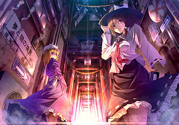 Maribel & Renko, ryosios, ascot, long hair, maribel han, dress, purple eyes, han, shimenawa, pixiv id 1508165, renko, maribel, torii, short hair, usami renko, blonde hair, hat, bow, brown eyes, purple dress, usami, anime, brown hair, touhou, cap, hair ribbon HD wallpaper
