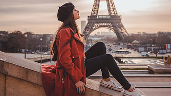 Girl sitting on rooftop, Eiffel tower, girls HD wallpaper