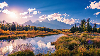 Autumn at Grand Teton National Park, water, reflections, clouds, sky, mountains, usa, wyoming HD wallpaper