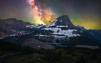 Milky Way Over Glacier National Park, Montana, peaks, trees, colors, sky, stars, usa, lake HD wallpaper