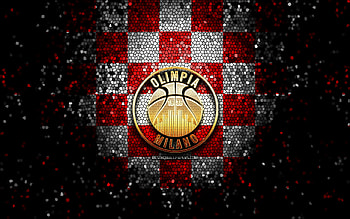 Olimpia Milano, glitter logo, LBA, red white checkered background, basketball, italian basketball club, Olimpia Milano logo, mosaic art, Lega Basket Serie A HD wallpaper