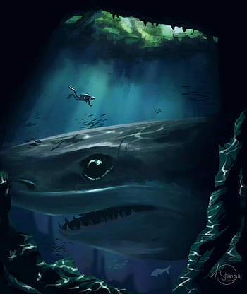 Art, Diver, Cave, Depth, Under Water, Underwater, Shark HD phone wallpaper
