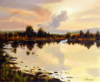 Stefan Asenov. Sunset at Yarlovtsi, painting, art, stefan asenov, lake, sunset HD wallpaper