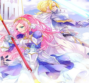 Knights, blue, headband, blonde, cute, long hair, cape, short hair, couple, sweet, art, girl, beautiful, armor, purple, pink, boy, anime, pretty, red, weapon, silver, lovely HD wallpaper