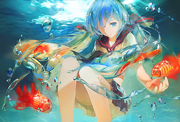 Hatsune Miku, blue, girl, orange, summer, bbottle miku, anime, underwater, fish, manga HD wallpaper