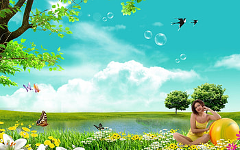 Beauty with nature, bird, girl, grass, beauty, lake, babe, pretty, petals, bright colors, green, ball, trees, nature, flowers, lovely HD wallpaper