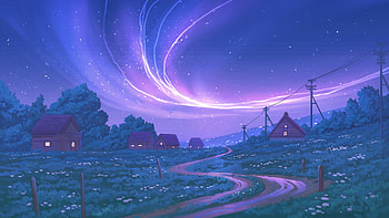 Night at village, art, curvy road HD wallpaper
