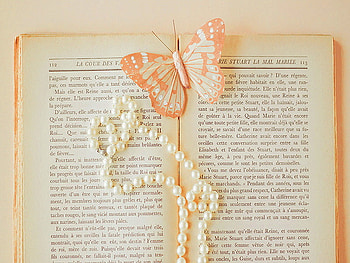 Pearls of wisdom, book, peach, butterfly, pearls, cream HD wallpaper