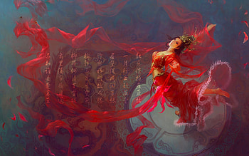 Asian Beauty Art, flowing, asian, art, veil, girl, geisha, beautiful, woman, digital, painting, fantasy, pretty, red, female HD wallpaper