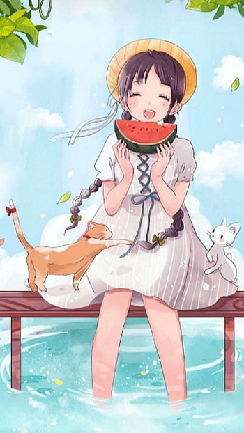Anime girl, cloud, sky, cat, rabbit, watermelon, cute, water, summer HD phone wallpaper