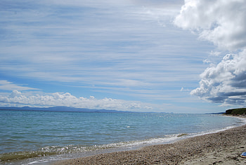 blue sky, clouds, water, beach, clouds, blue sky, water, beach HD wallpaper