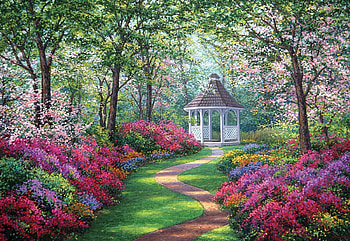 A World Away, painting, gazebo, trees, garden, flowers HD wallpaper