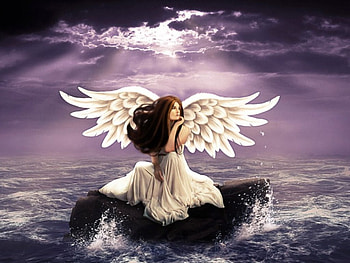 Angel, sea, wings, digital, art, sky, rocks, wave HD wallpaper