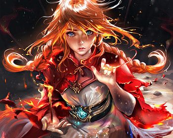 Little match stick girl, sakimichan, art, girl, orange, hand, fantasy, red, spirit fire mage, redhead, luminos HD wallpaper