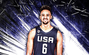 Derrick White, grunge art, USA Basketball Mens National Team, basketball, US mens national basketball team, blue abstract rays, Derrick White HD wallpaper