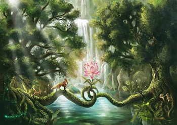 Eternal Harmony, frumusete, gorgeous, vulpe, fox, summer, superb, pink, anastasia evgrafova, fantasy, flower, green, wayer, waterfall, luminos, water, vara HD wallpaper