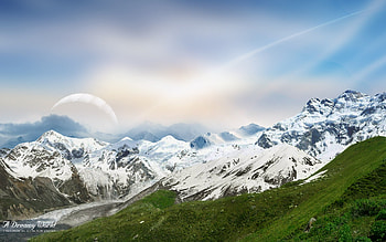 Dream World, planet, fantasy, snow, sky, grass, mountains HD wallpaper