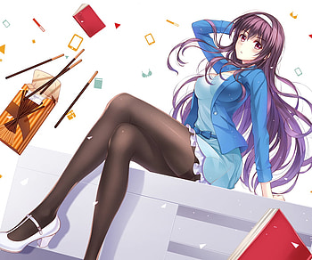Anime, Saekano: How To Raise A Boring Girlfriend, Purple Hair, Pantyhose, Utaha Kasumigaoka, Red Eyes, Long Hair, Blush, Book HD wallpaper