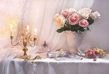 still life, roses, graphy, candles, beauty HD wallpaper