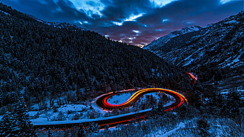 Long Exposure Lights Road Forest Snow , long-exposure, light, trails, graphy, snow, road, forest HD wallpaper