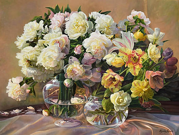 Peonies and tulips, flower, yellow, peony, lalele, spring, zbigniew kopania, bujor, art, still life, painting, pictura HD wallpaper