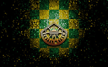Seattle Storm, glitter logo, WNBA, yellow green checkered background, basketball, american basketball team, Seattle Storm logo, mosaic art HD wallpaper