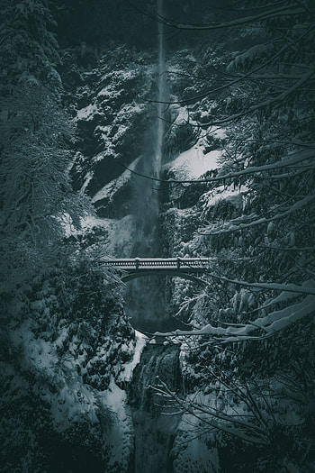 Winter, bridge, waterfall, snowfall HD phone wallpaper