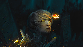 Fantasy girl, golden, black, art, girl, dark, woman, thebakaarts, fantasy, fish, luminos HD wallpaper