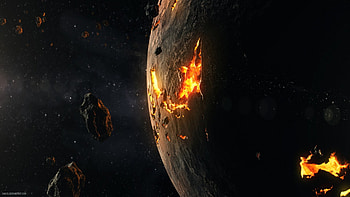 Near Death - Shaio, CGI, planets, magma, flames, graphics, space, debris HD wallpaper