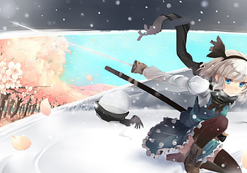 ~Youmu Konpaku~, sword, Touhou, girl, lake, Youmu Konpaku, anime, snow, scarf, water, cherry blossoms HD wallpaper