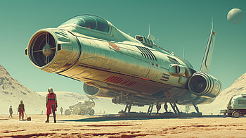 Retro Futuristic Spaceship, Sci Fi, retro futurism, spaceship, Science Fiction, desert landscape HD wallpaper
