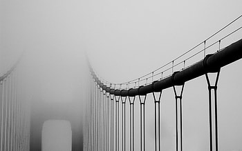 Bridge in the fog, mist, bridge, fog, black and white HD wallpaper