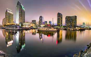 San Diego, evening, sunset, bay, yachts, San Diego cityscape, California, USA HD wallpaper