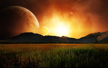 Landscape, Sunset, Sky, Planets, Sun HD wallpaper