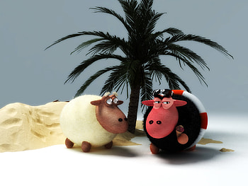 Sun Burnt Sheepz, white, black, palm, 3d, sheep, red, sun burnt, tree HD wallpaper